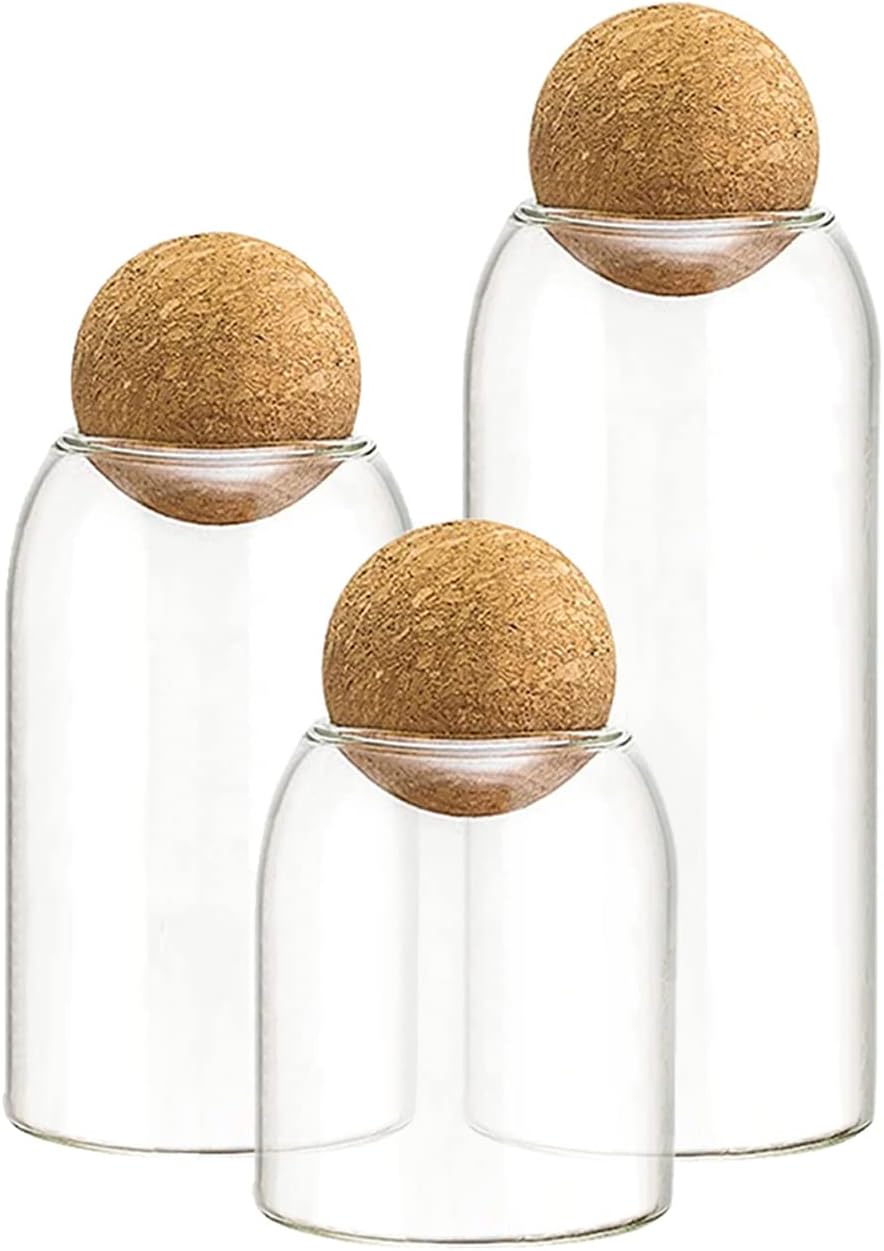 Suwimut 3 Pack Glass Storage Jar with Ball Cork Lid, 17oz