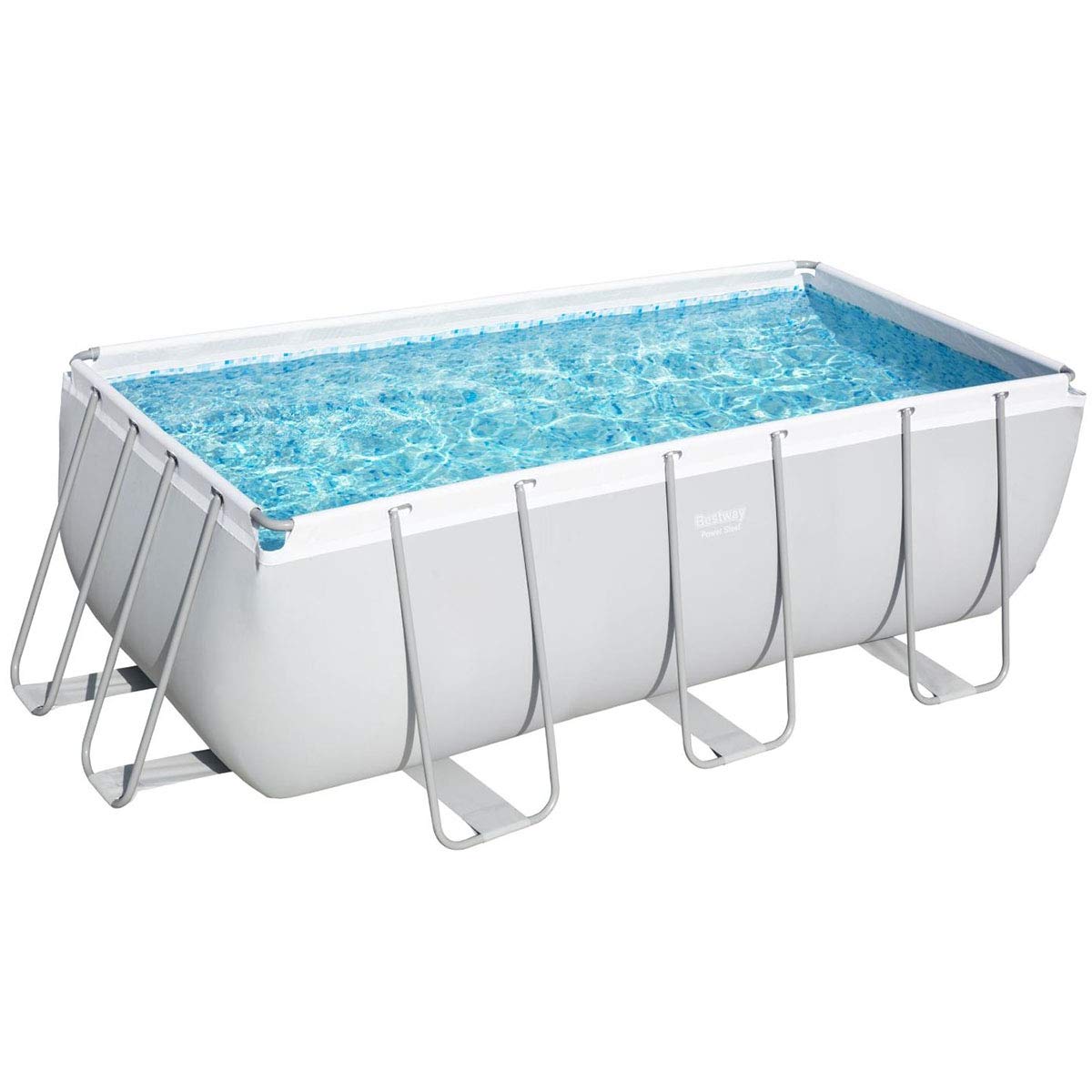 Bestway Power Steel Frame - Set per Piscina Quadrata, con Pompa Filtro a Cartuccia e Scala, 412 x 201 x 122 cm, Colore: Grigio