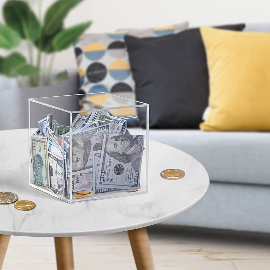 Amazon.co.jp: 100万円まで入る四角いクリア貯金箱 貯金箱開け