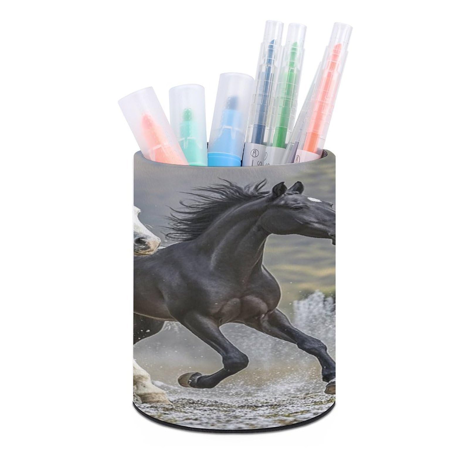 FekiLoot Round Black And White Horses Running Pen Holder for Desk PU Leather Waterproof Pencil Cup Stand Minimalist Makeup Brush Storage Organizer Desktop Stationery Container Accessorires