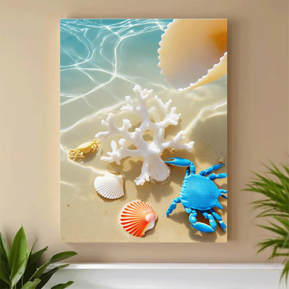 GKUVBF Décoration murale abstraite sur toile : paysage de plage, corail, crabe, coquillages, vie marine, décor tropical océanique (60 x 80 cm/cadre intérieur)