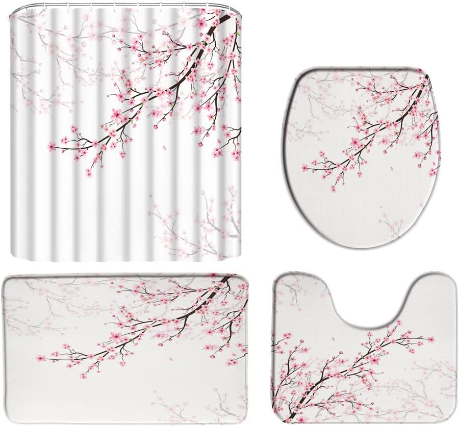 4pcs Cherry Blossom Shower Curtain Set with Rug Pink Floral Falling Petals Janpenese Asian Style Spring Flower Bathroom Set with Hooks(Bath Mat,U Shape and Toilet Lid Cover Mat)