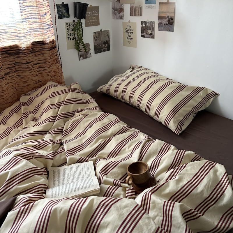 Image of Duvet Cover Set Full Size Beige Red Striped Bedding Set for Girls Boys,Vintage Back to School Duvet Cover Kids with Zipper Closure and 2 Pillowcases