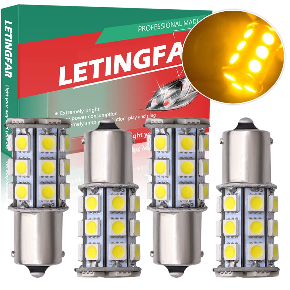 s25 led シングル 12V アンバー S25シングル バルブ LEDライト 車用 ピン角180度 高輝度 1156 LEDランプ 5050 27SMD 車用トラック用品 サイドマーカー ウインカー バックランプ ポジション LED ライト1年品質保証 4個入り (アンバー)