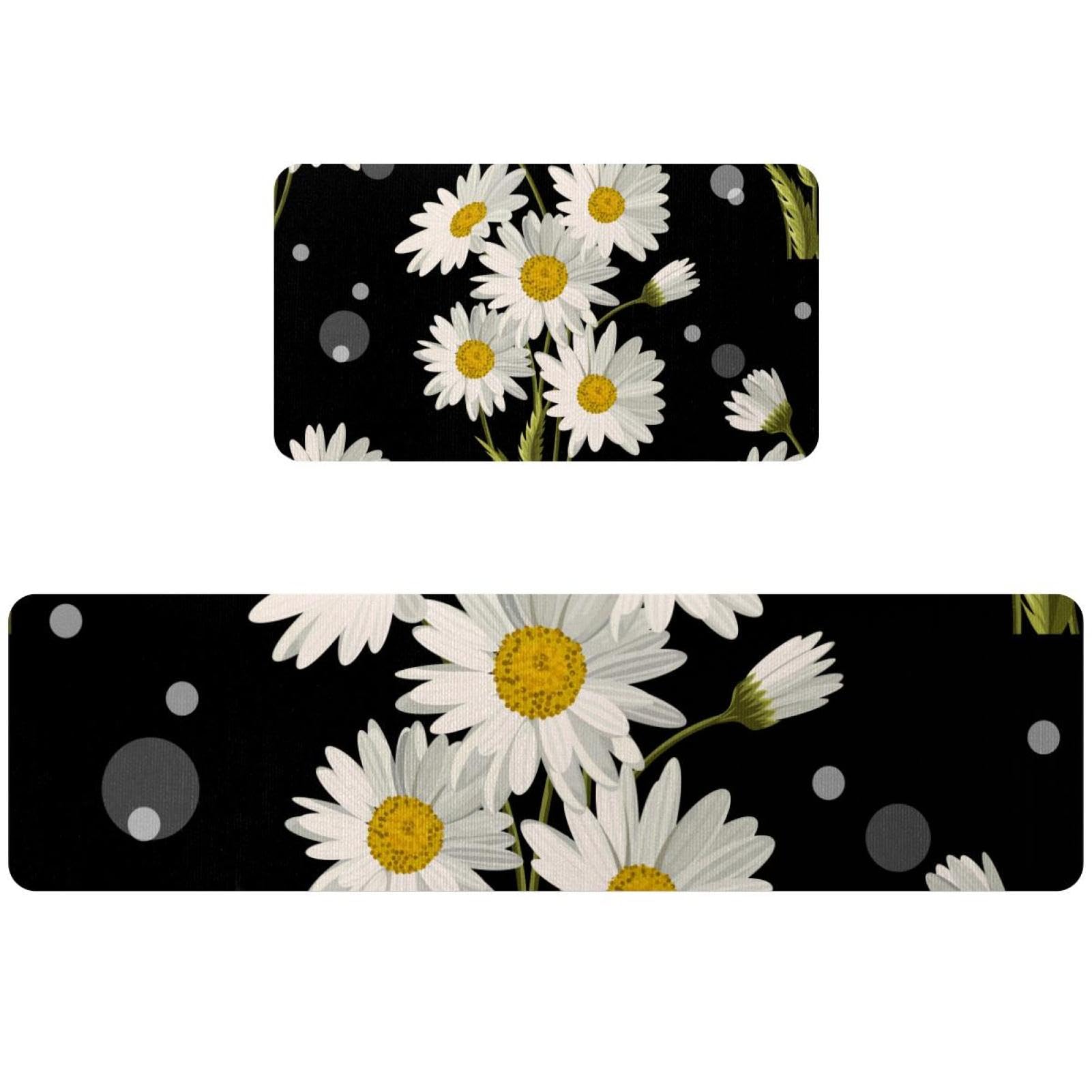 Tapis de cuisine absorbant lavable et grand tapis de couloir noir à fleurs marguerites