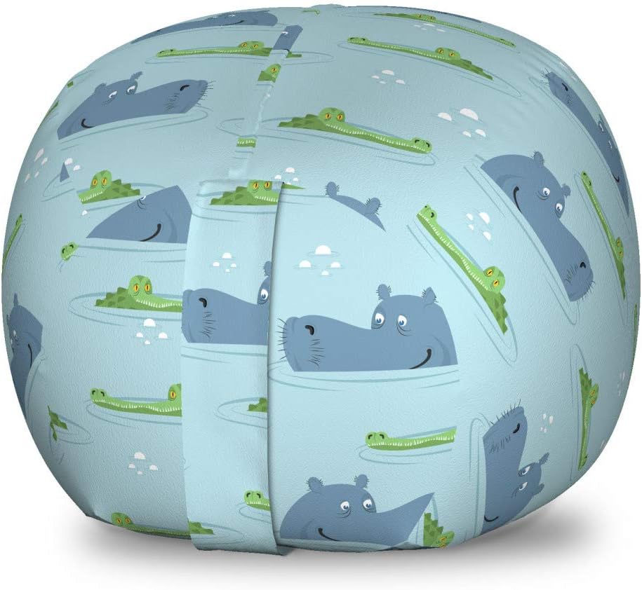 Ambesonne Animal Storage Toy Bag Chair, Hippo and Crocodile in Water Friendly Animals Cartoon, Stuffed Animal Organizer Washable Bag, Small Size, Slate Blue Pale Blue