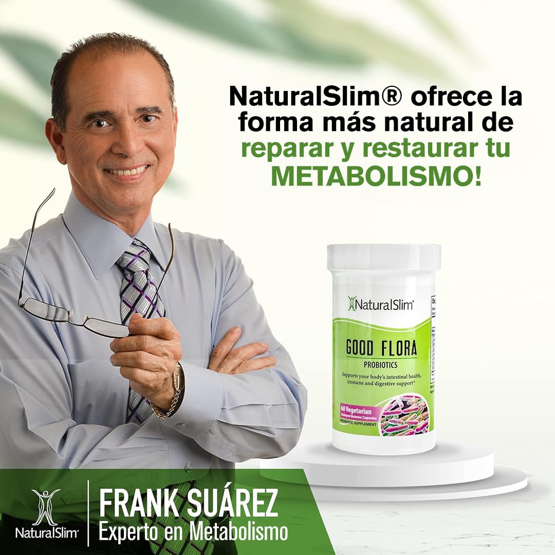 NaturalSlim Good Flora Probióticos intestinales y Enzimas Digestivas, Suplemento Natural para una Flora Intestinal Equilibrada, Digestión y Bienestar General, 7 tipos de probióticos, 60 Cápsulas