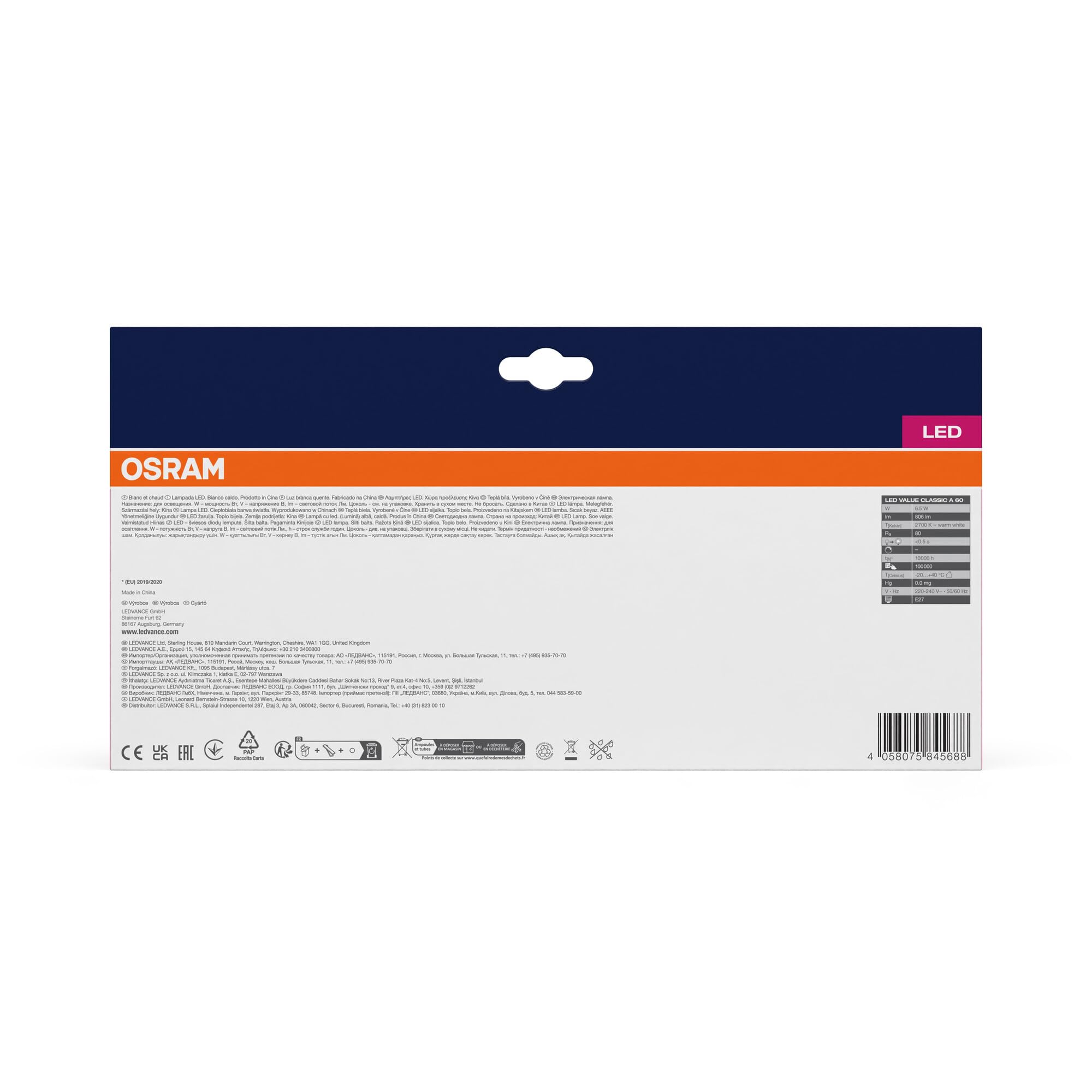 OSRAM LED Star VALUE A60, paquete de 60 bombillas, reemplaza bombillas | , LED Lamps, 60.00 Millimetres dia, , Paquete de 60