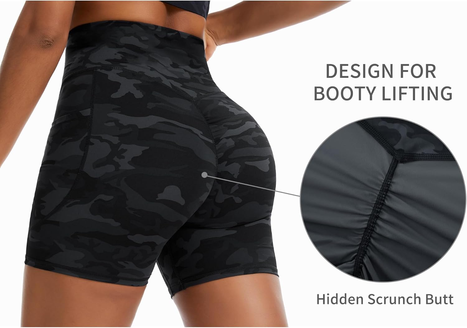 THE GYM PEOPLE Women's High Waist Scrunch Booty Lifting Yoga Shorts No Front Seam Stretchy Ruched Shorts 5"/8" with Pockets