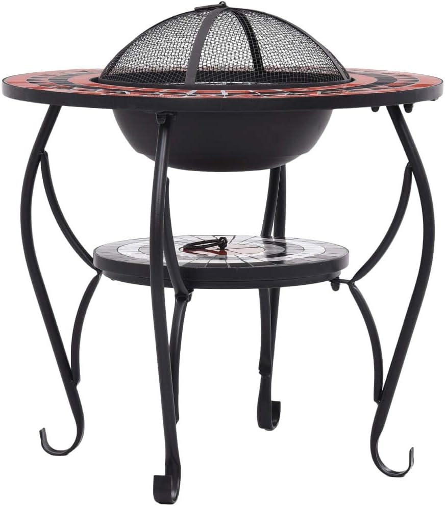 26.8 Inch Mosaic Fire Pit Table, Terracotta and White Ceramic Outdoor Wood Burning Firepit with Safety Mesh Cover and Poker for Patio Garden Backyard