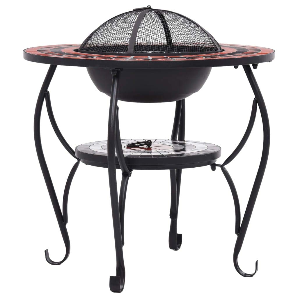 Mesa de fuego de cerámica con mosaico en terracota y blanco, 68 cm, con protección contra chispas y estructura de acero de cuatro patas, versátil brasero para jardín