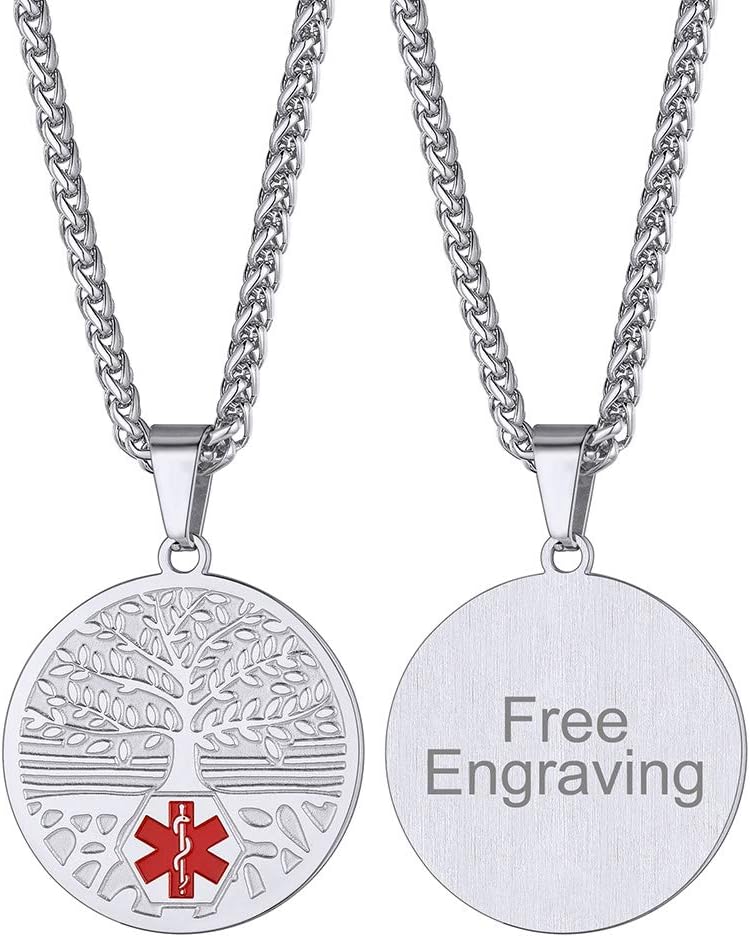 FaithHeart Customized Health Necklace SOS Talisman Pendant Silver Stainless Steel Medical Alert Identification Jewellery Protective Gifts for Women Girls