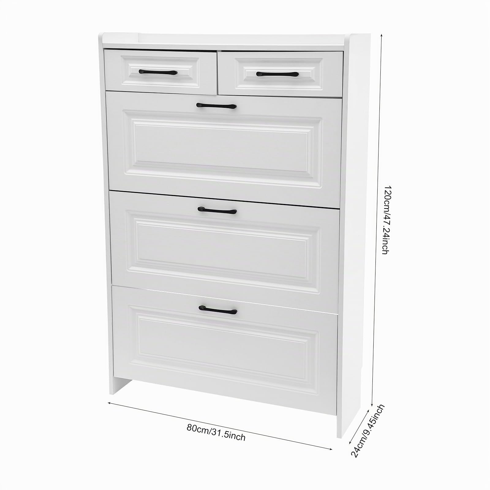 Scarpiera con 2 cassetti, scarpiera sottile, divisorio regolabile, per 16-20 paia di scarpe, guide silenziose, per corridoio, soggiorno e corridoio, 80 x 24 x 120 cm, bianco