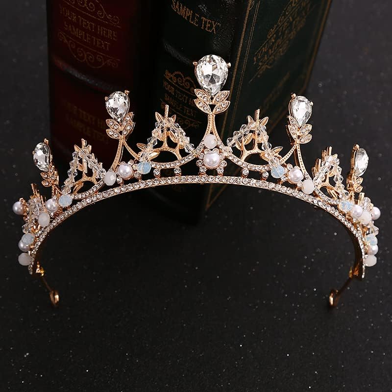 Tiara Bride Bridal Crown Hair Princess Pearl Headband Rhinestone Wedding For Bridal Wedding Prom Pageant Party (Gold) - Image 4