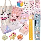 26 Stück Einhorn Federmäppchen Mädchen Schreibwaren Geschenk Federtaschen Set Stifte Lineal Notizbuch Aufkleber Haftnotizen Bleistiftspitzer Radiergummi Aktenordner für Teenager Schülerin Beige