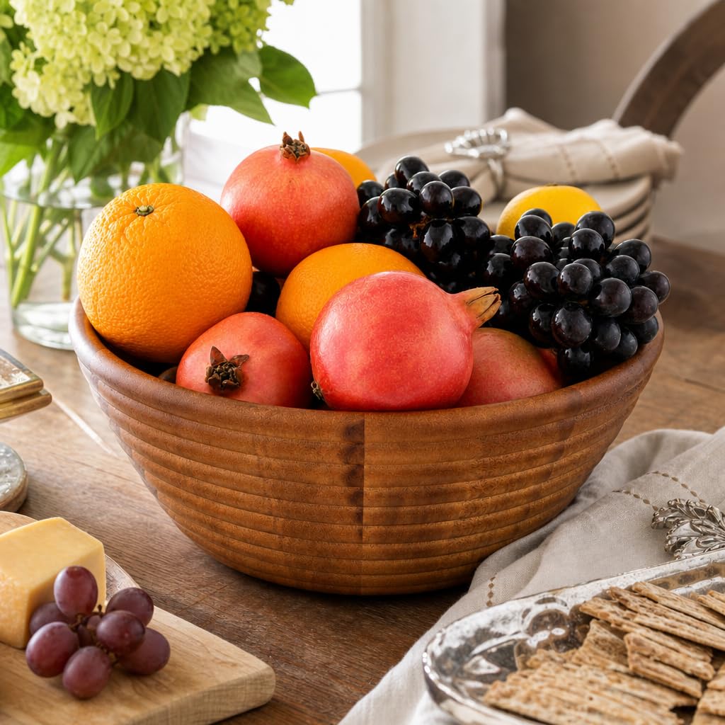 Arthur Court Ensaladera grande de madera de acacia estilo colmena, cuenco único para servir frutas, aperitivos y ensaladas, 5 pulgadas de alto x 12 pulgadas de diámetro