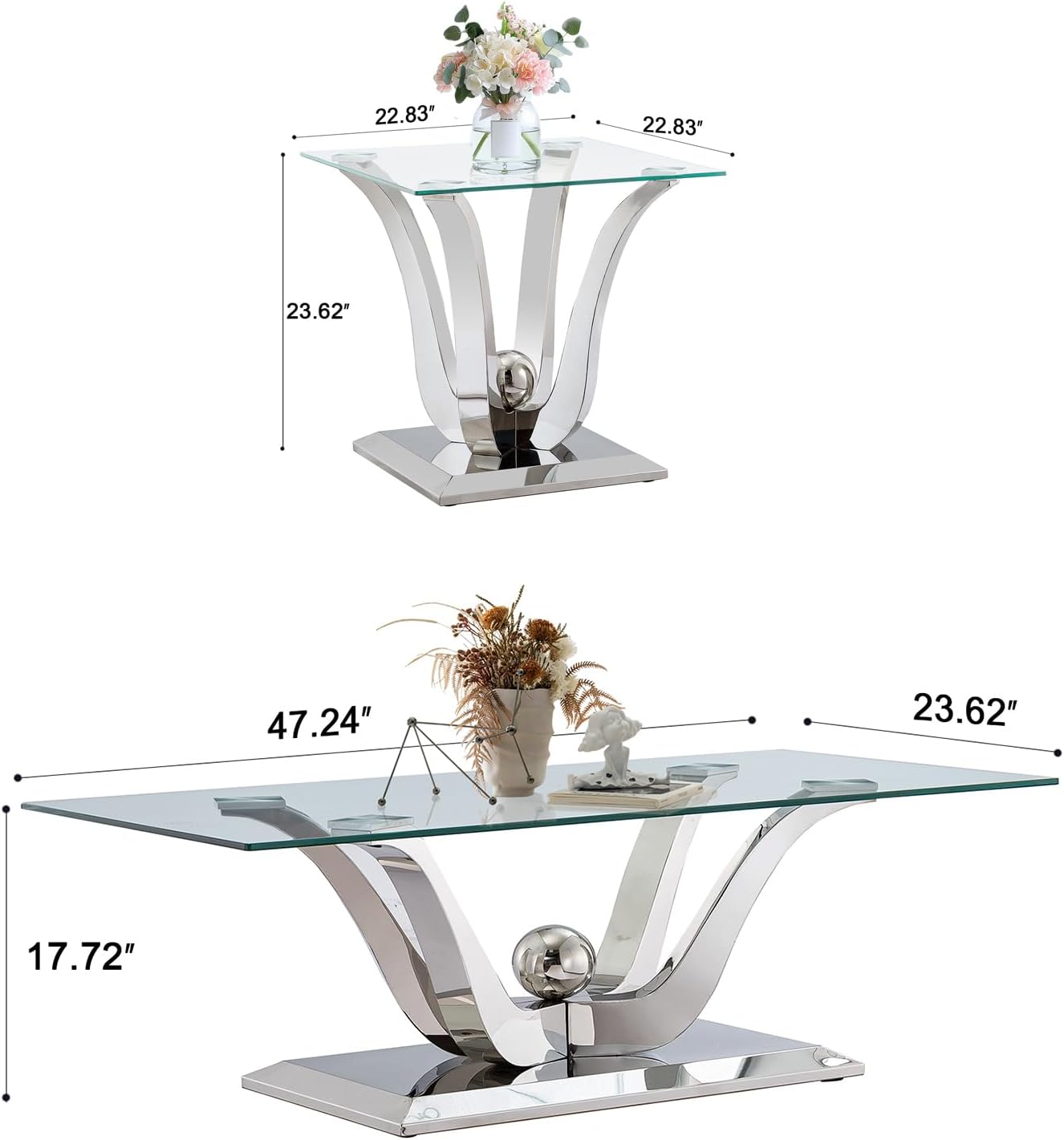 Modern Silver Glass Coffee Table Set of 3, Clear Glass Coffee Table and 2 End Side Table Set with Stainless Steel Frame, Luxury Silver 3 Piece Living Room Table Set for Home Office Apartment
