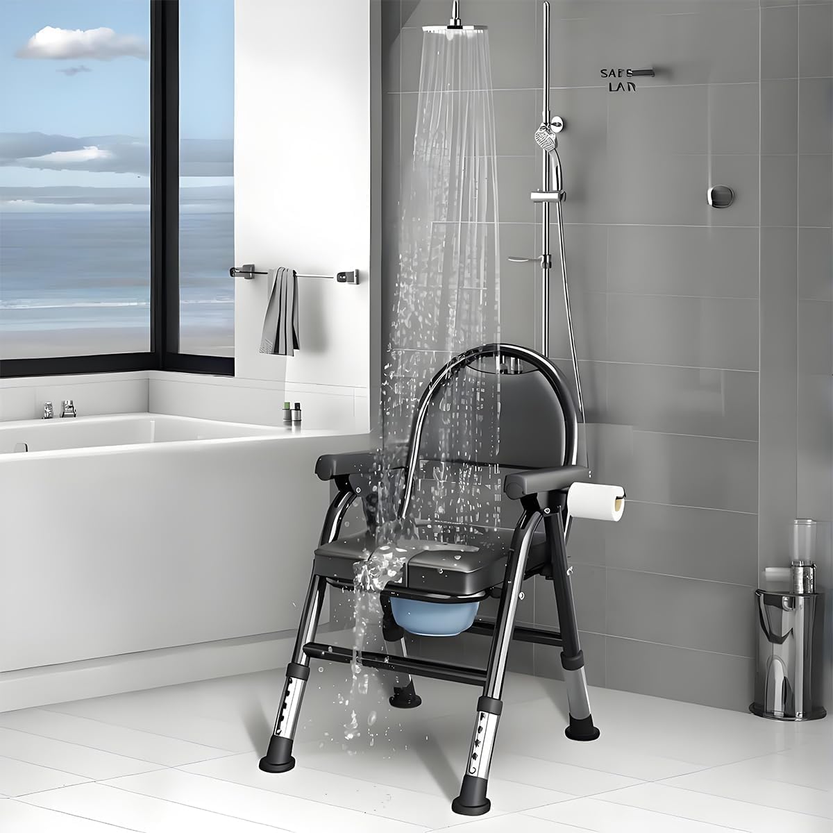 4 in 1 Folding Bedside Commode Chair for Elderly with Arms and Back,Adjustable Height Raised Toilet Seat with Handles,Adults Potty Chair for shower chair,Foldable and installation-free(Black)