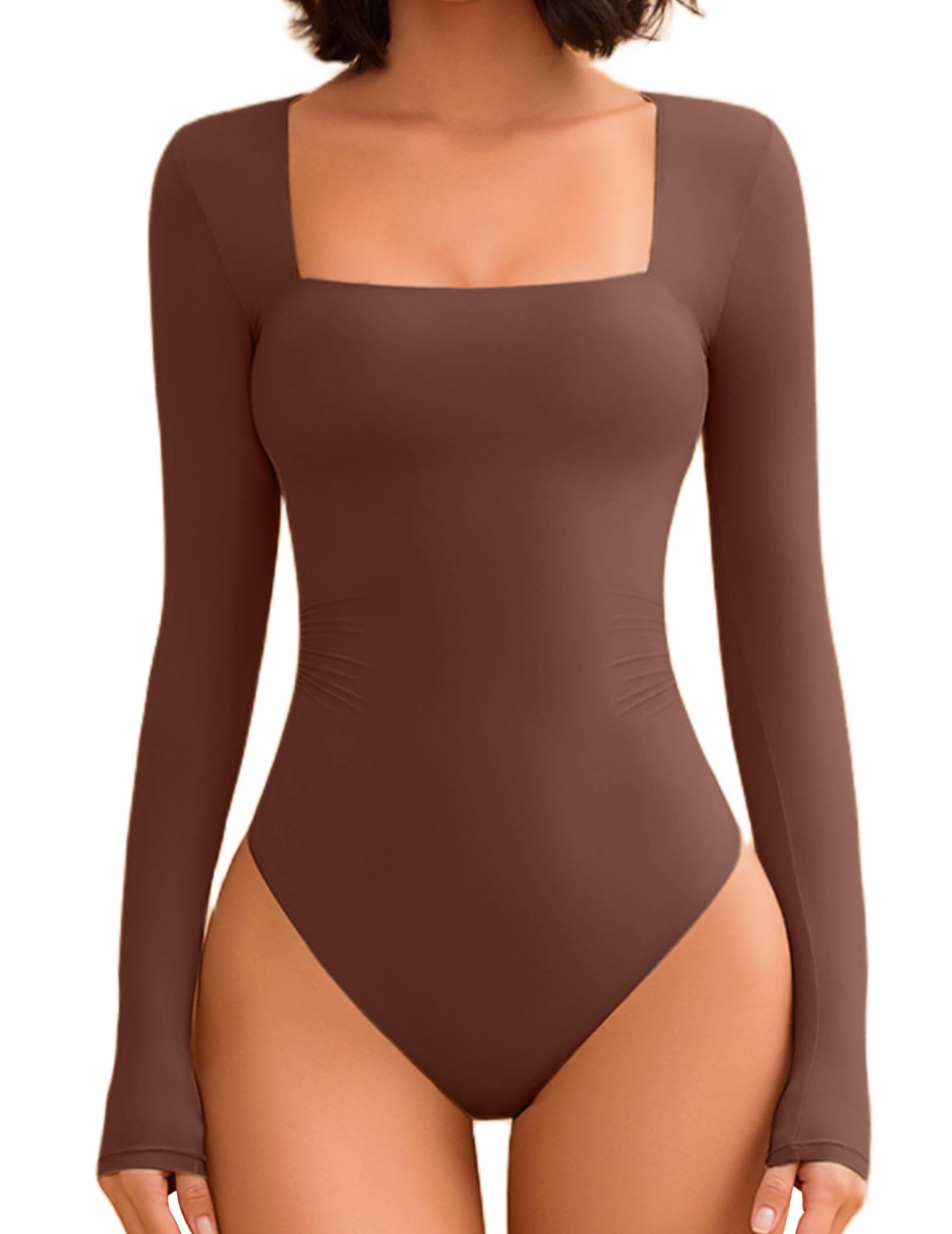 Avidlove Body sexy de manga larga para mujer, cuello cuadrado, doble forro fruncido, cierre a presión