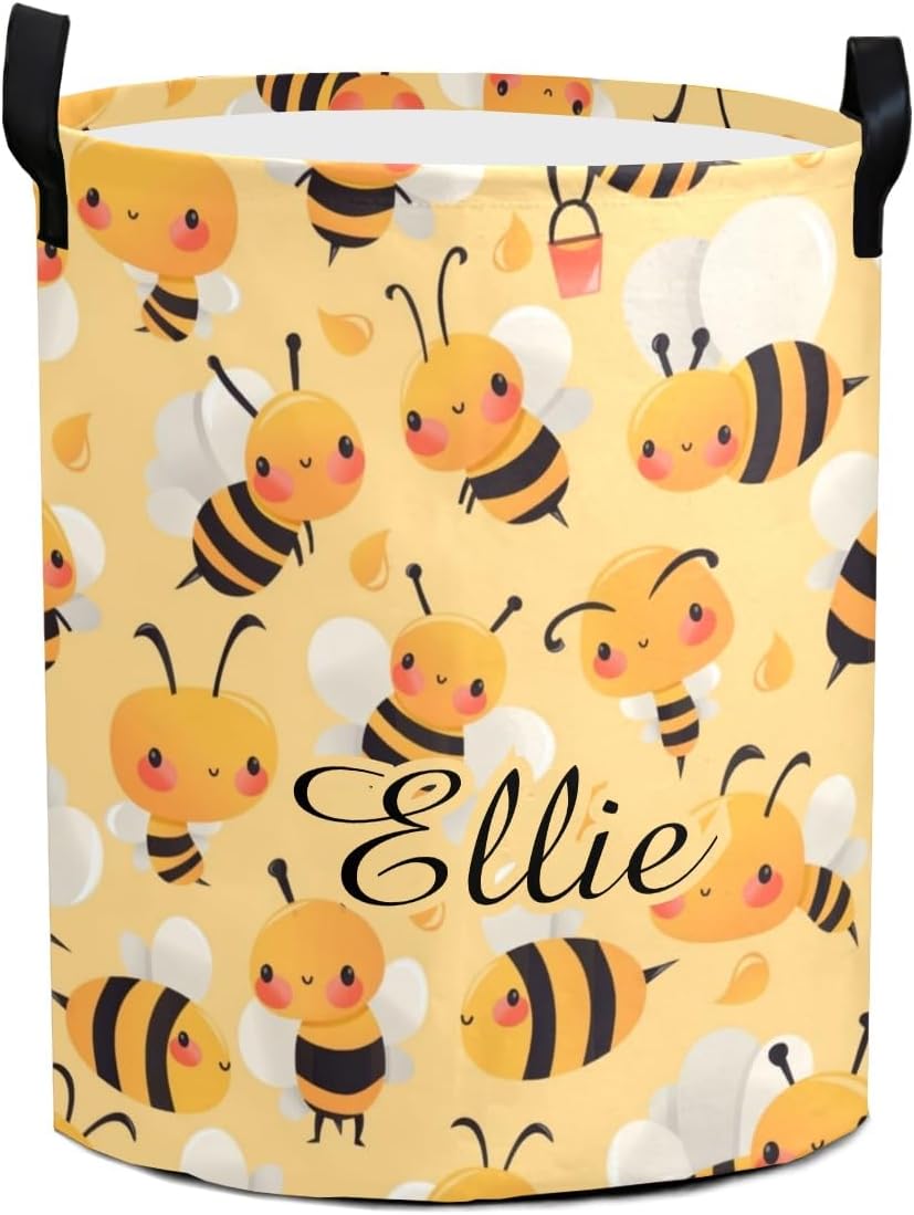 Cute Honey Bees Personalized Laundry Basket Custom Name Collapsible Waterproof Laundry Hamper Clothes with Handle for Bedroom Bathroom Nursery Decor