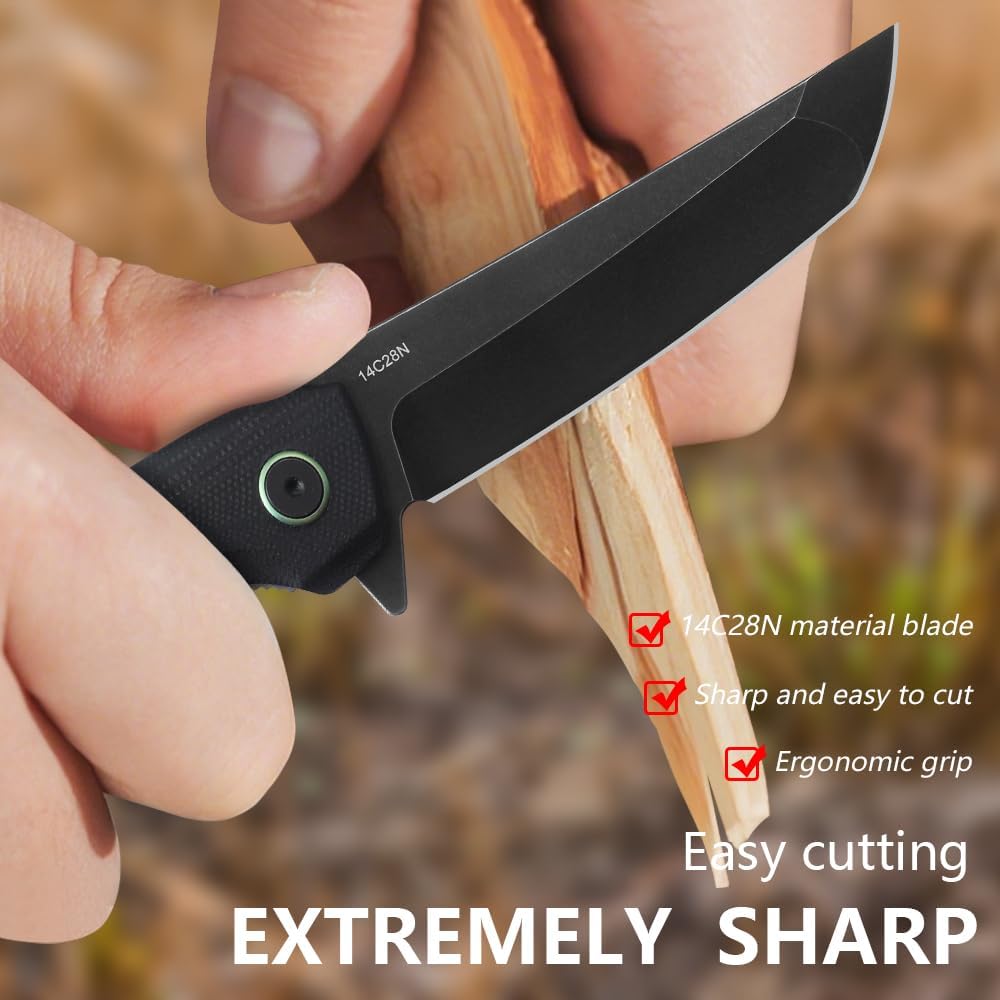 Pocket Knife 3.62" 14C28N Steel Blade EDC Knife with G10 Steel Handle,Pocket Knife for Men&Women for Everyday Carry Camping Fishing Outdoor(Black)