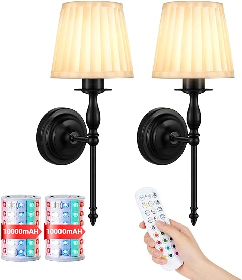 10000mAh Battery Operated Wall Sconce Set of 2,Rechargeable Wall Sconces set of Two,Vintage Black Sconces Wall Decor,Wireless Wall Lamp,Cordless Wall Lights Living Room Bedroom (Not Peel and Stick on)