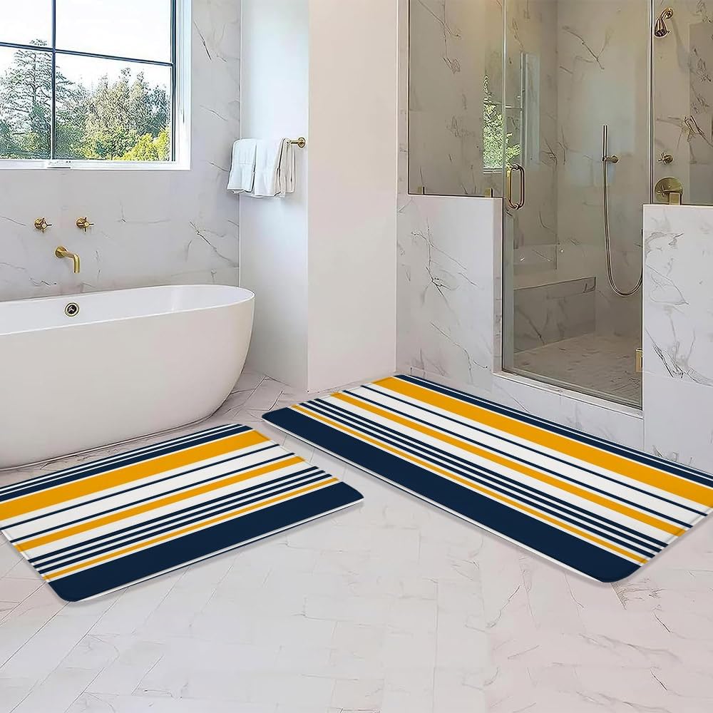 2 Pcs Navy Blue and Pink Striped Bath Mat Bathroom Rug Vertical Stripe Minimalist Modern Vintage Classic Memory Foam Soft Floor Rug, 24"x35"and 17.8"x29.5"