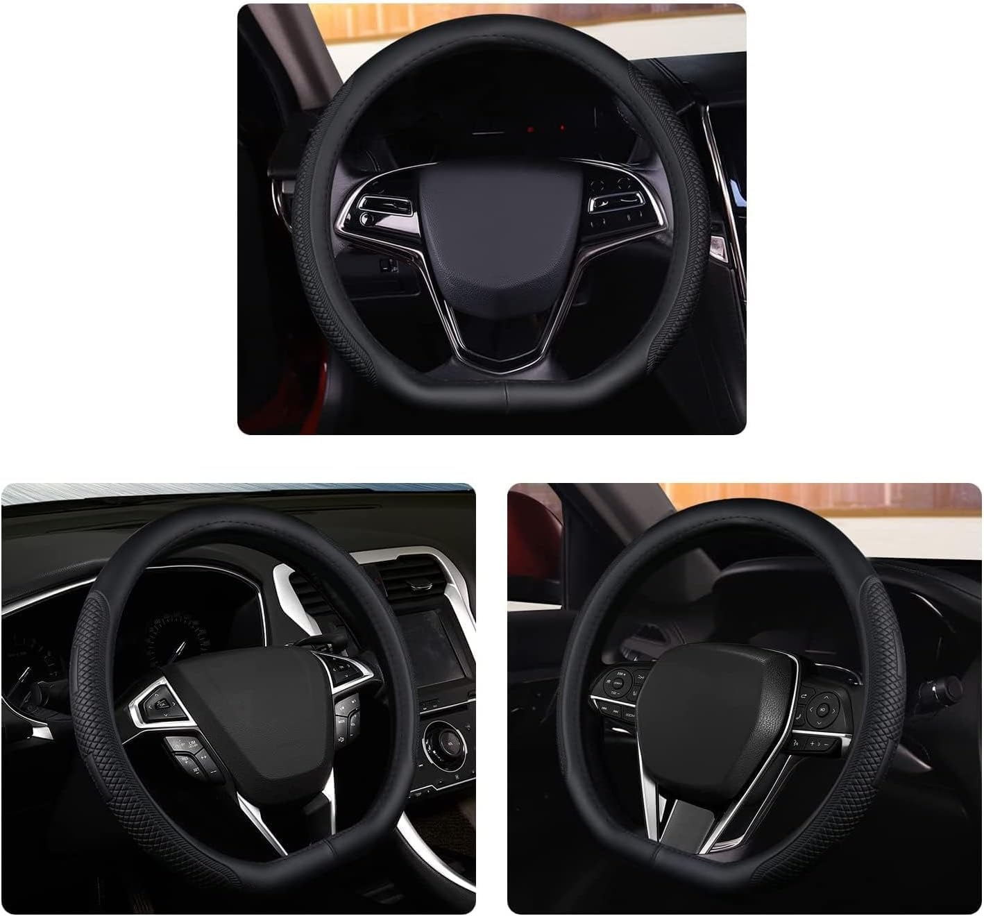D Type Steering Wheel Cover,Anti-Slip Lines,Breathable,Durable Microfiber PU Leather Steering Wheel Cover for Car SUV Fit Diameter 14.5-15 inch Four Season Universal and Easy to Install (BLACK)