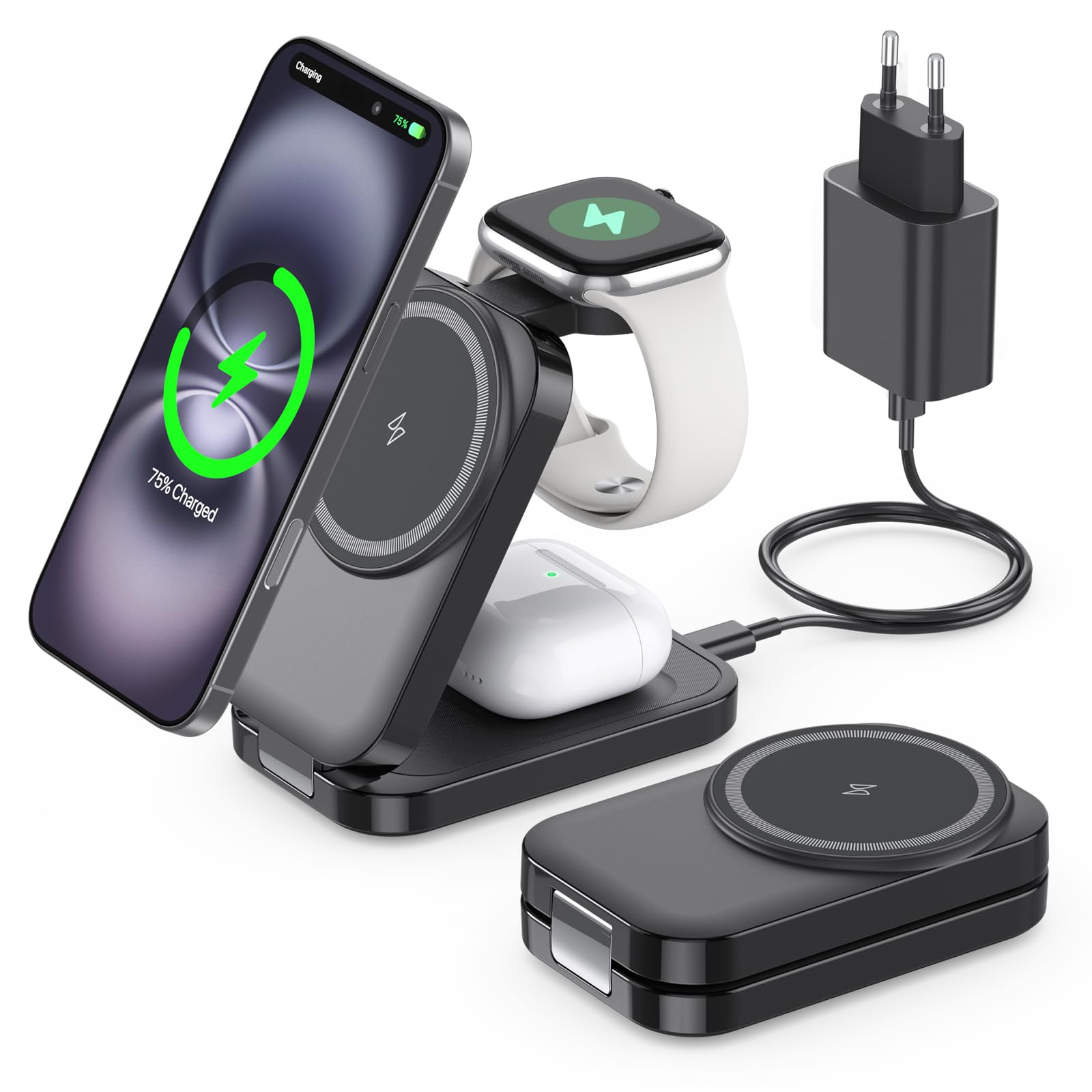Charging Station Compatible with Apple Watch and iPhone, Super Portable Magsafe Charger for iPhone 16 15 14 13 12 Series, 3-in-1 Mag-Safe Charging Station for Apple Watch AirPods Pro Series (Black)