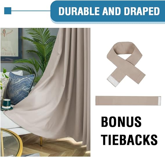 BellaHills 100% Blackout Curtains for Bedroom Thermal Insulated Curtains & Drapes Blackout Curtains Pencil Pleat Curtains for Living Room with Black Liner 2 Panels, 46 x 54 Inch, Natural Sand