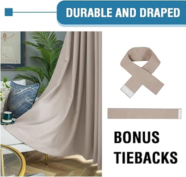 BellaHills 100% Blackout Curtains for Bedroom Thermal Insulated Curtains & Drapes Blackout Curtains Pencil Pleat Curtains for Living Room with Black Liner 2 Panels, 46 x 54 Inch, Natural Sand