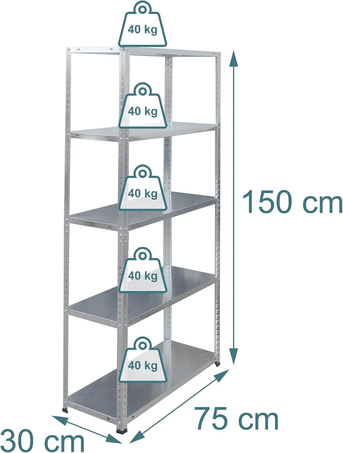 Relaxdays Storage Shelf, Steel, HBT: 150 x 75 x 30 cm, 200 kg, 5 Levels, Basement, Garage & Workshop, Heavy Duty Shelf, Silver