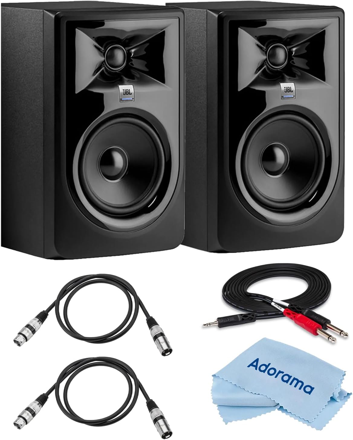 JBL 2 Pack 306P MkII Powered 6.5" Two-Way Studio Monitor - Bundle with 2 H&A XLR M to F Microphone Cable - 3', Hosa 10' Stereo 3.5mm Mini Male to Two Mono -1/4" Phone Plugs Cable