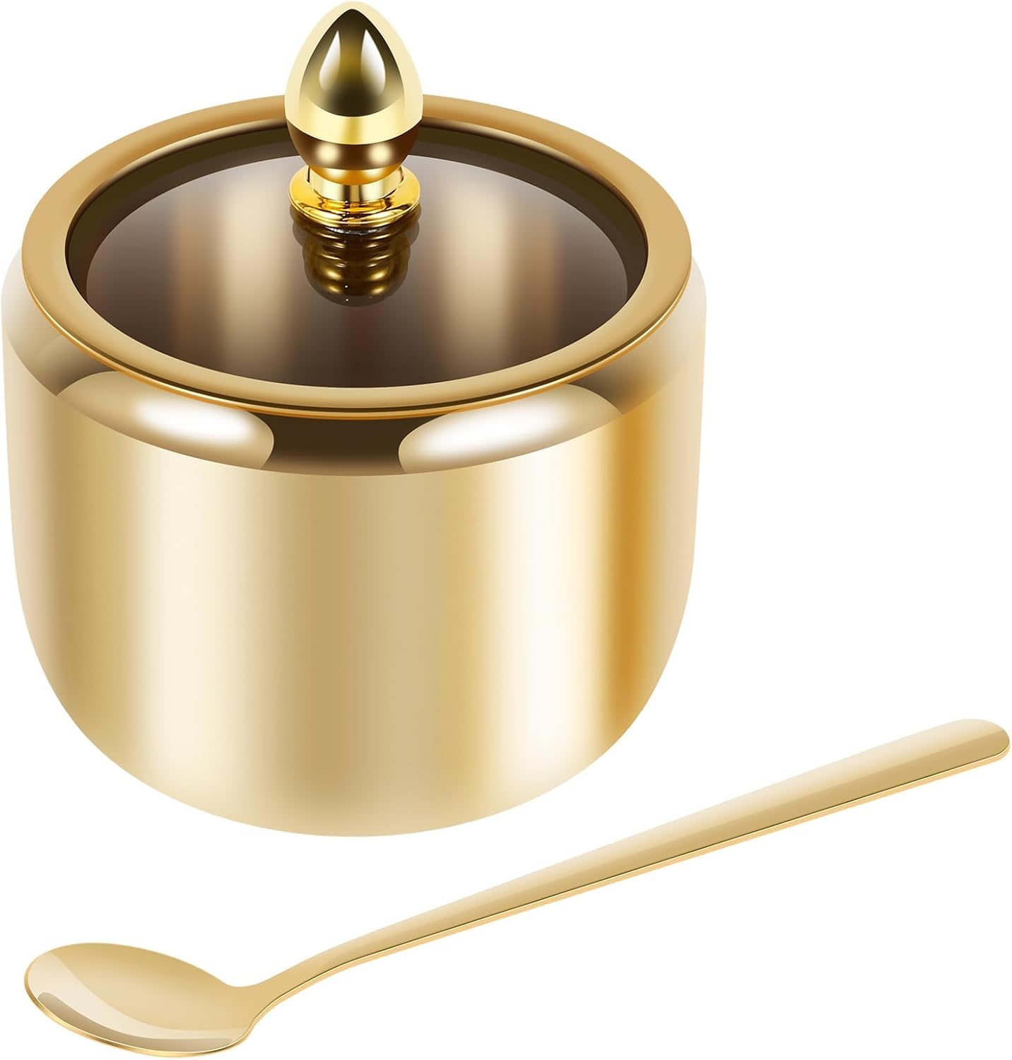 Sugar Container with Glass Lid and Spoon Gold 10oz Sugar Bowl for Coffee Bar Accessories Dishwasher Safe for Salt Candy Coffee Bean