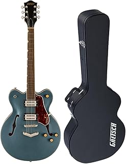 G2622 Streamliner Electric Guitar (Gunmetal) - Double-Cut Body Design with Broad'Tron Pickups - 6-String Right-Handed Instrument - Hollow Body Bundle with Plywood Case (Black) (2 Items)
