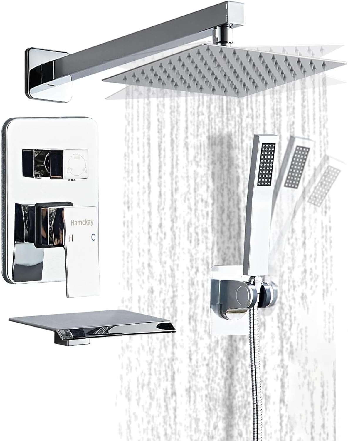 12inch Polished Chrome Shower System with Tub Spout, Shower Faucet Set with Rain Shower Head and Handheld 3-Setting, Waterfall Bathtub Spout Rainfall Shower Combo Set for Bathroom Wall Mounted