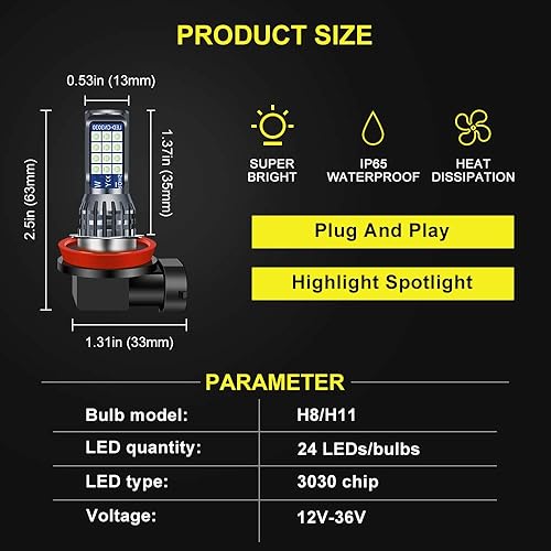 Vista 25 de 2 bombillas LED H8 H9 H11 antiniebla de limón verde, 24 LED 3030 chips superbrillantes, bombillas LED de repuesto DRL para automóviles, camiones