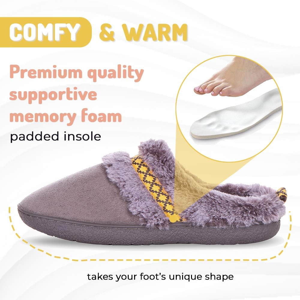 Floopi Indoor, Outdoor House Slippers for Women- Memory Foam Insole, Hard Rubber Outsole- Fur Lined Clog, Aztec Trim- Warm Winter Bedroom Mules- Home Slip Ons