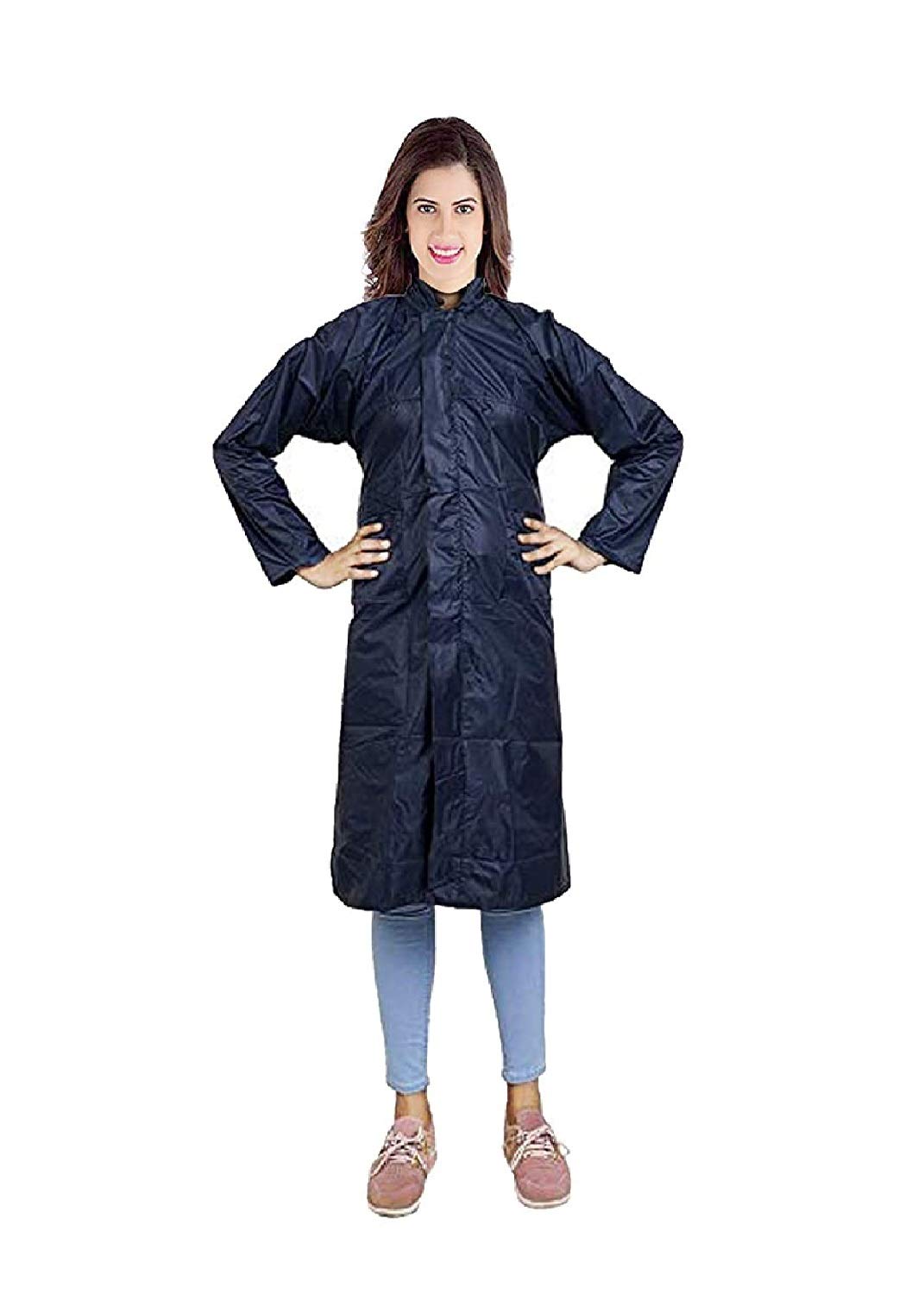 DevilWomen's Nylon Hooded Waterproof Long Lightweight Waterproof Raincoat|Overcoat Full Length (Blue)