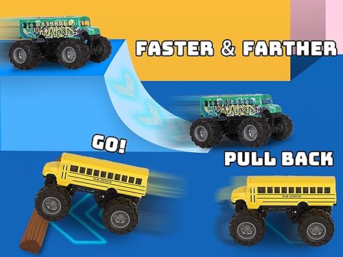 Miniatura 4 de Paquete de 2 camiones monstruos de autobús escolar, camión monstruo de rueda grande fundida, juguetes de auto verde y amarillo, regalos de vehículo