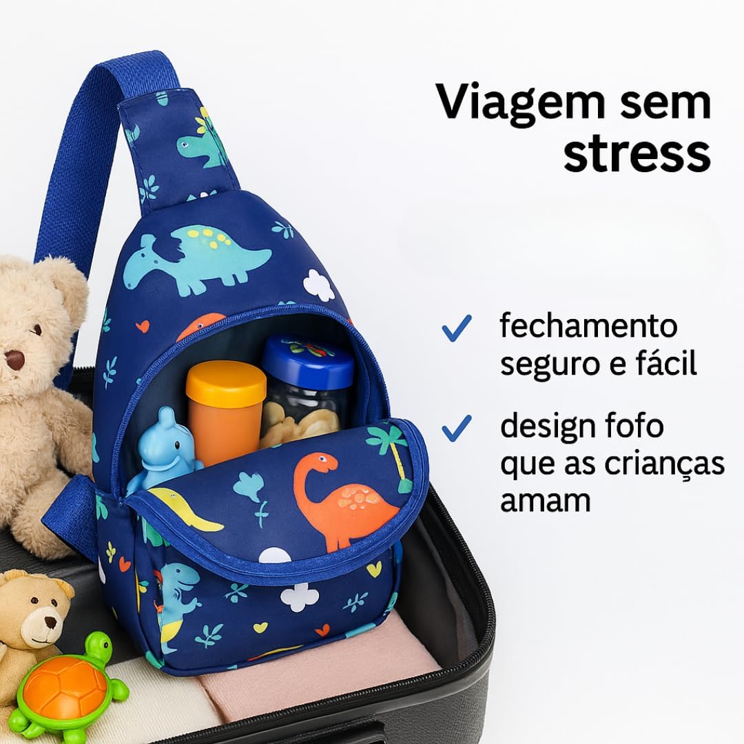 Mochila Infantil Tiracolo com Estampa Dinossauro - Mini para Viagem, Escola e Passeios, Nylon Leve e Ajustável, Estampa Cartoon Dino