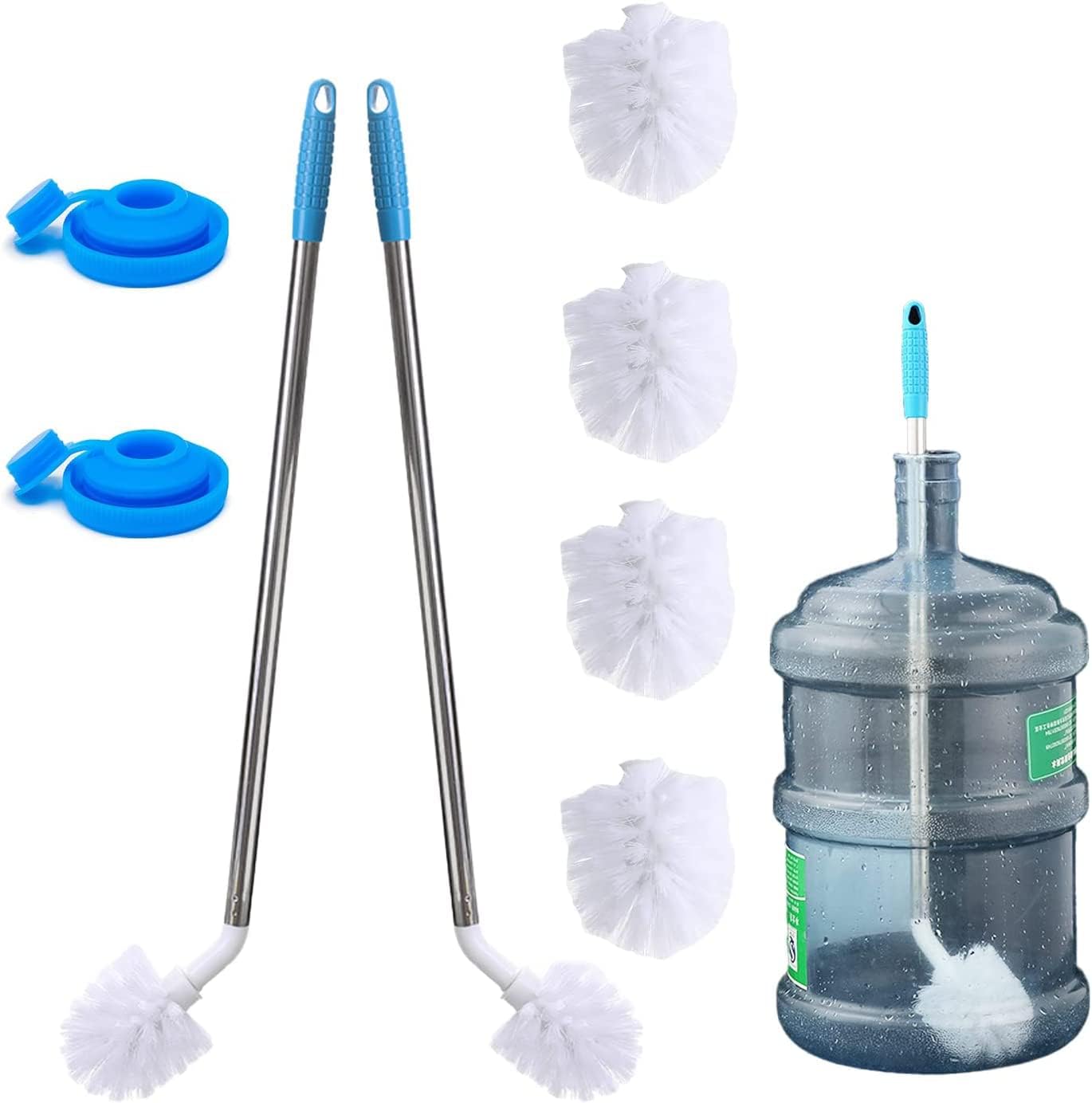 EHBELIF 5 Gallon Water Bottle Cleaning Brush, Nylon Bristles and Stainless Steel Handle Large Bendable Bottle Cleaning Brushes, 24'' Long Bottle Brush(2 Pack 4 Brush Heads 2 Water Jug Caps)
