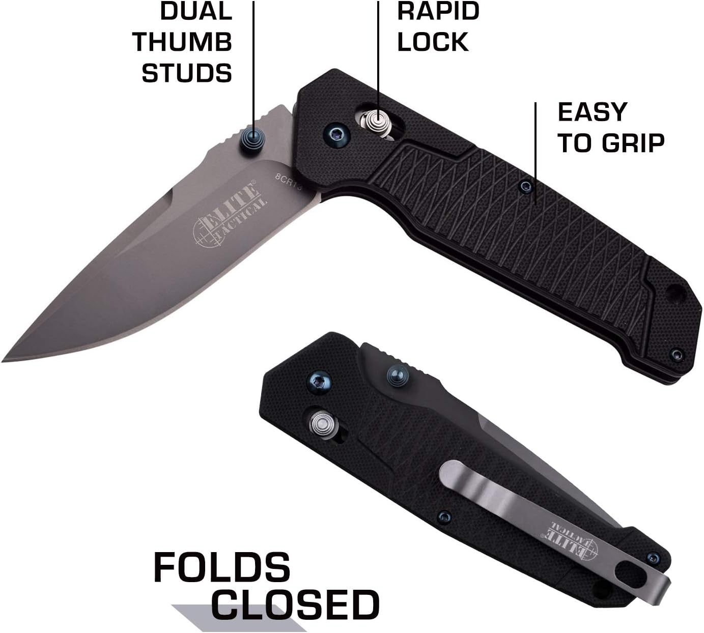 Elite Tactical - Folding Pocket Knife - Drop Point Blade with Black G10 Handle and Pocket Clip - Rapid Lock Tactical Military Knife - 8.15" Overall Length
