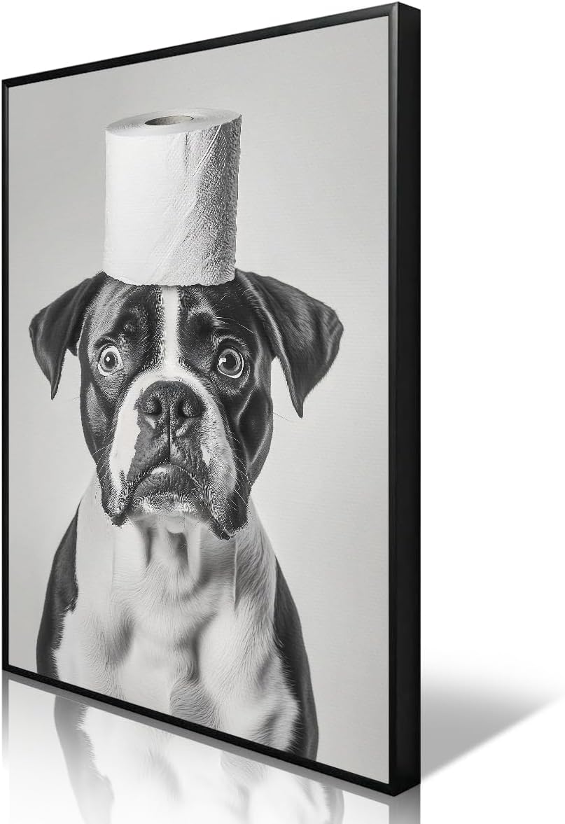 Funny Animal Bathroom Canvas Wall Art, Cheetah Overhead Toilet Paper Roll Poster, Black and White Restroom Wall Print, Funky Modern Guestroom Animal Painting Picture Wall Decor 8x12in Wrapped Canvas