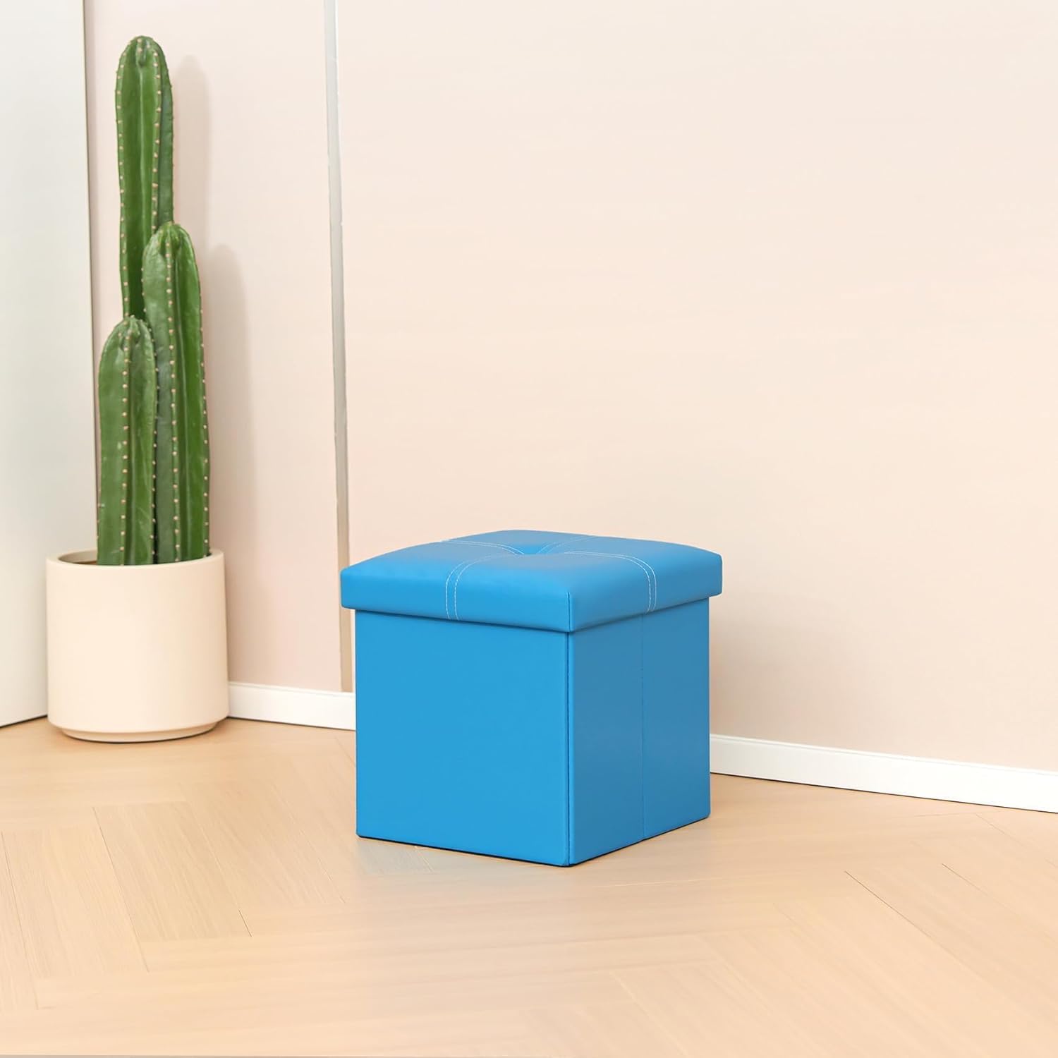 B FSOBEIIALEO Folding Storage Ottoman Cube, Faux Leather Footrest Seat Coffee Table, Blue 11.8"x11.8"x11.8" - Image 7