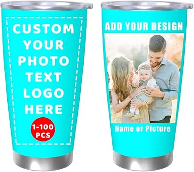 Customized Tumbler with Name Photo Personalized Stainless Steel Coffee Mug with Lid 20oz Travel Mug Christmas Birthday, Cyan