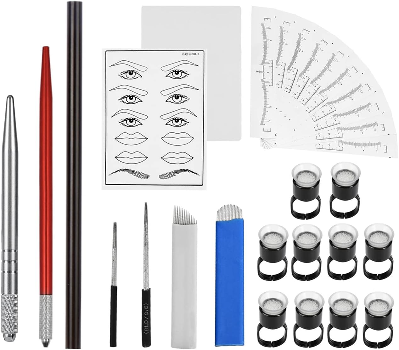 Microblading Kit Eyebrow Microblading Manual Tattoo Pen and Microblading Needles RS RL 14 Pin 18U Eyebrow Ruler Sheets Stickers Lip Practice Skin for Tattoo Permanent Makeup