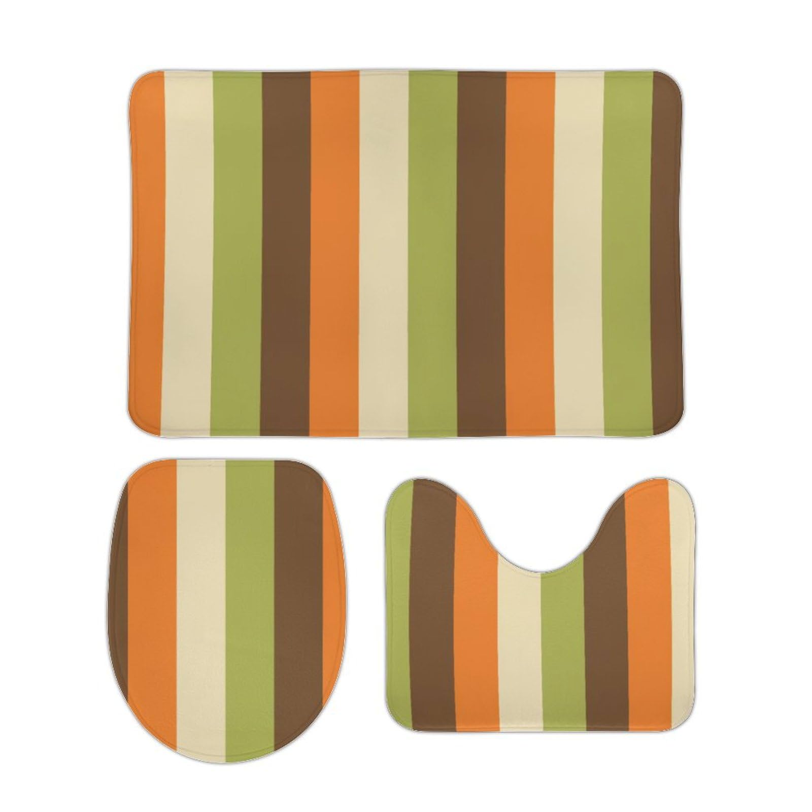 FJQWKLF 3 Pieces Bath Rugs Set, Stripes Green, Orange, Brown, Cream Bathroom Mat Sets, Non-Slip Absorbent U-Shaped Contour Rug & Toilet Lid Cover