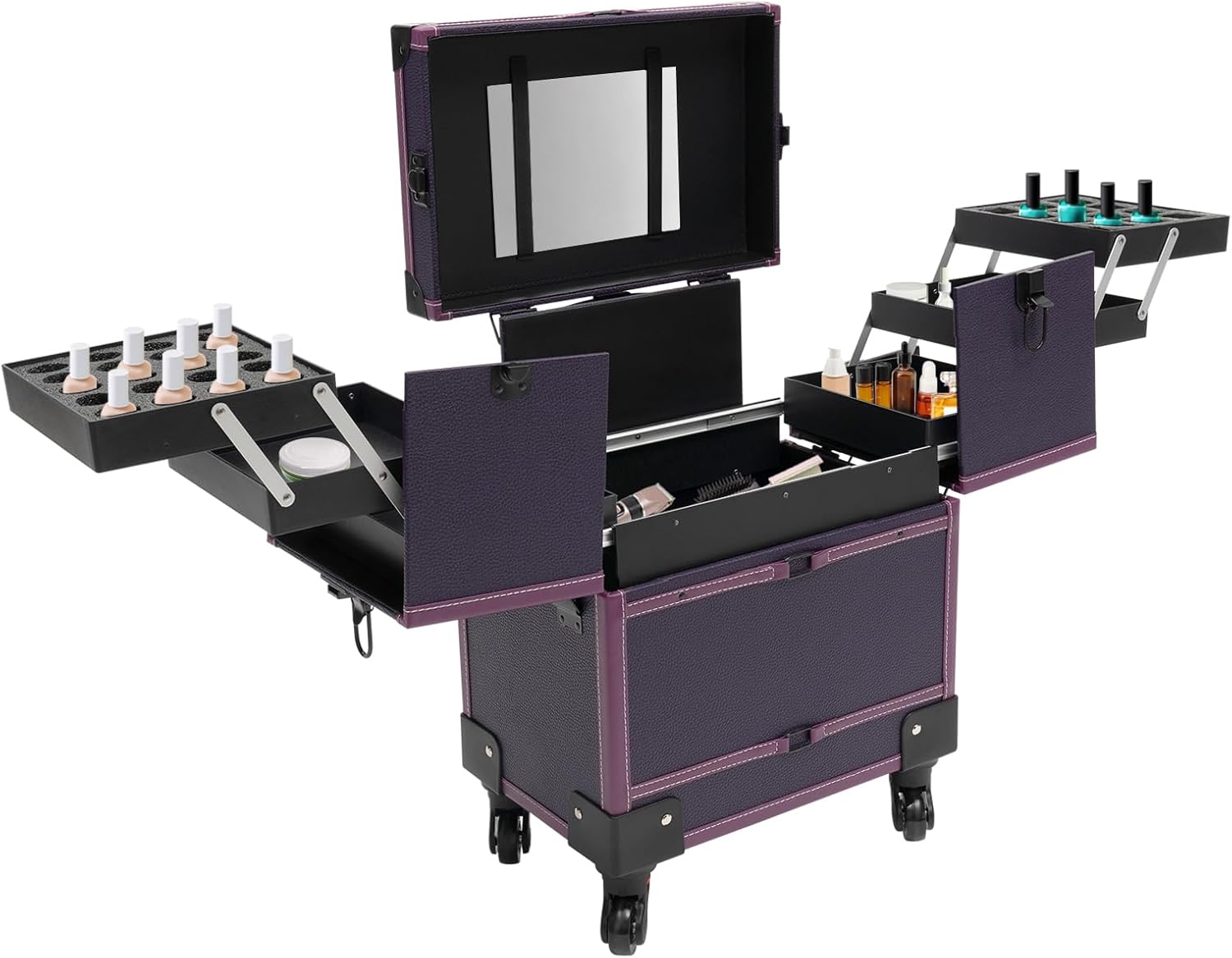 Makeup Rolling Train Case Aluminum Trolley Professional Cosmetic Organizer Box Large Capacity Trolley Makeup Travel Case with Mirror Compartments and 4 Universal Wheels for Esthetician (Purple)