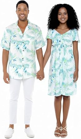 Matchable Couple Hawaiian Luau Shirt or Rahee Mini Dress in Orchid Breeze White
